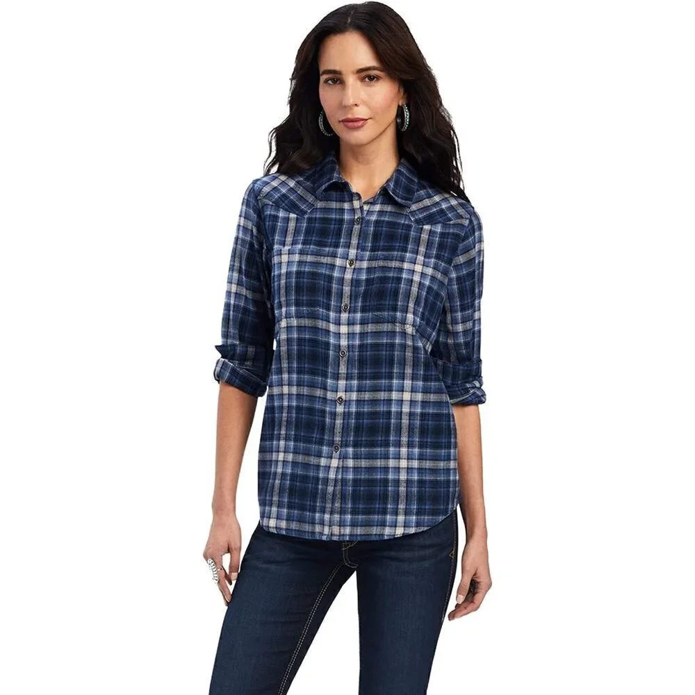 Ariat REAL Women's 2XL Long Sleeve Billie Jean Plaid Button Down Shirt - Blue - Picture 1 of 4